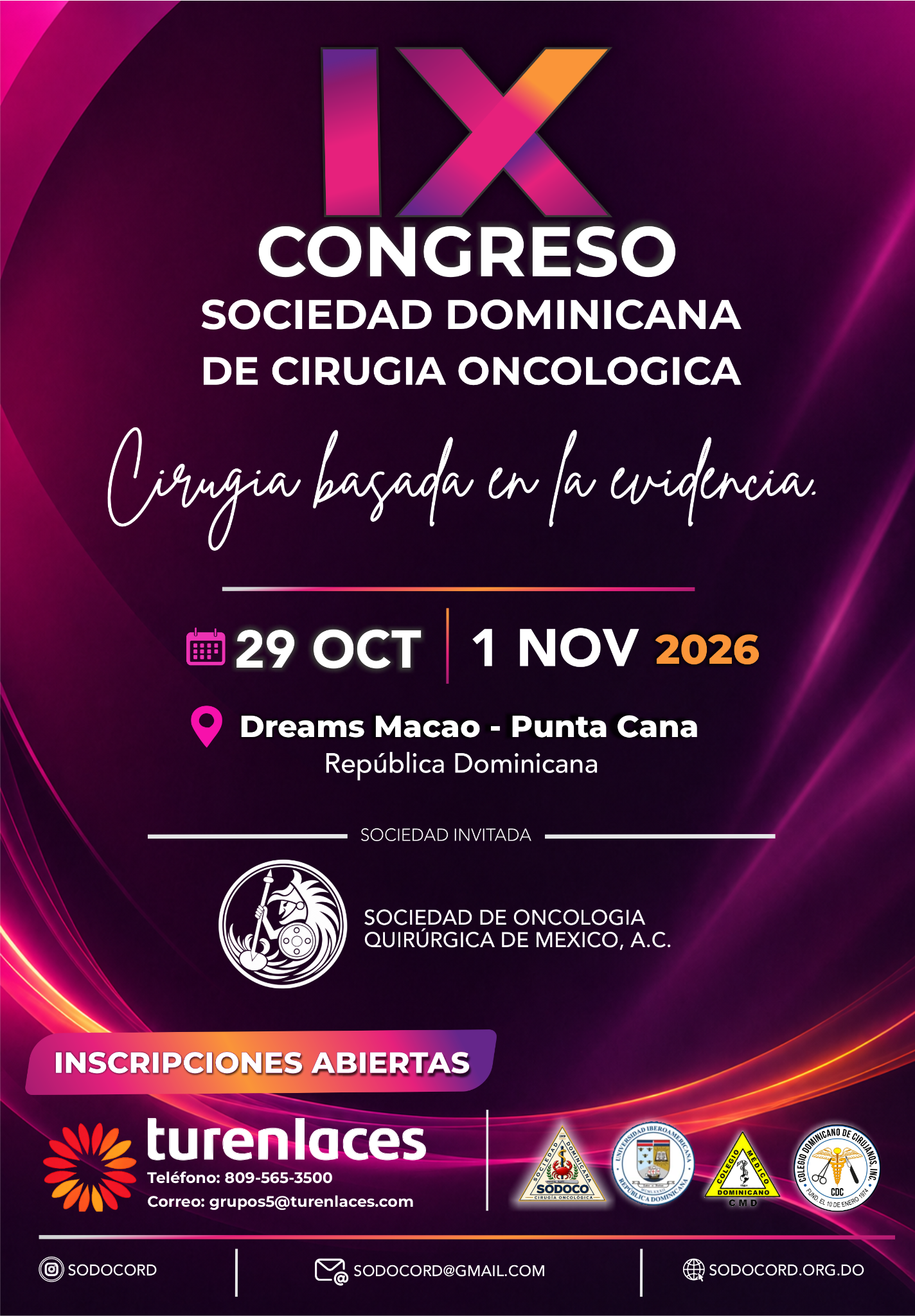 Afiche oficial del IX Congreso de la Sociedad Dominicana de Cirugía Oncológica, del 29 de octubre al 1 de noviembre de 2026 en Dreams Macao, Punta Cana